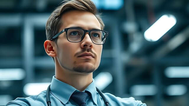 Technical specialist in a modern environment with soft industrial lighting.