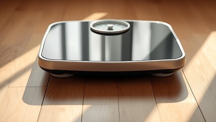 Weighing scales on wooden floor bathed in morning light, representing health and balance.