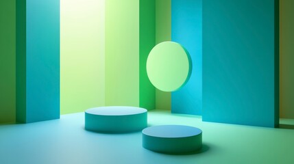 Abstract 3D render of two teal podiums on a green floor with pastel green and teal vertical columns and a floating light green circle.