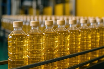 Golden cooking oil bottles proceed along factory conveyor belt during production, showcasing industrial manufacturing and distribution with efficient processing of essential commodity.