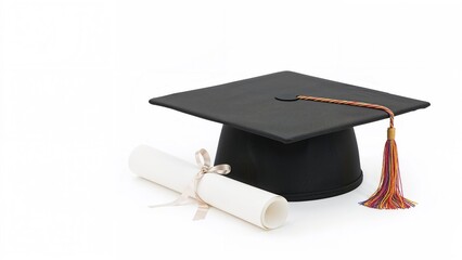 Scholarly cap and official certificate displayed on white