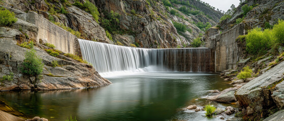 Explore the majestic flow of water cascading over a dam into a serene gorge under a sunny summer sky