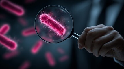 Businessman Examining Bacteria with Magnifying Glass