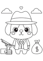 Coloring book puppy dressed as a gangster with a fedora and money bags.