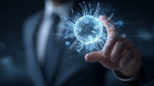 Businessman Interacting with Virtual Bacteria Model