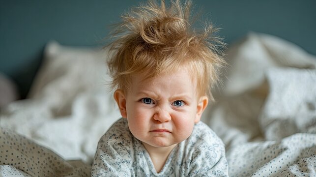 Angry Baby Frowning with Messy Hair in Bed