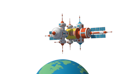 Space Station Orbiting Blue Green Earth in Black Space