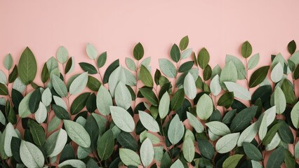 Leaves arranged to create a forest edge on a pink surface in a clean, flat lay design