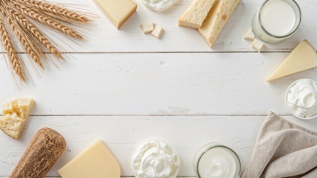 Festive arrangement of milk, cheese, wheat, and fresh fruits symbolizing a seasonal religious event on white wood