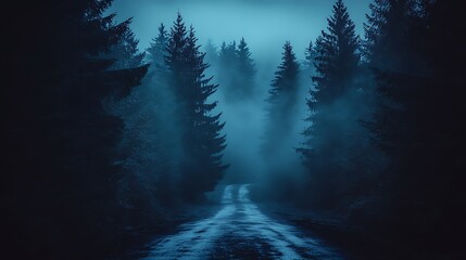 A misty forest road at night.
