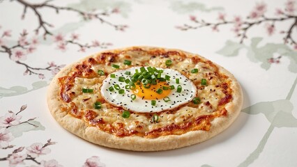 Fried egg garnished pizza made in an Eastern culinary method