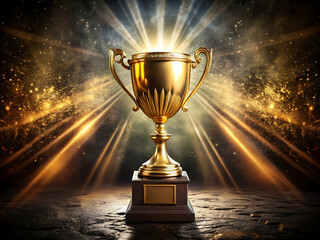 Golden trophy cup with light rays shining, symbol of victory and success