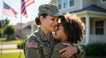A tender moment: Soldier in uniform embracing her child with the American flag in the background, symbolizing homecoming, love, and family in the USA.