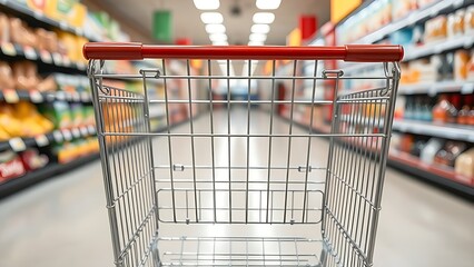 Empty shopping cart in supermarket aisle with clean metal frame and reflections.