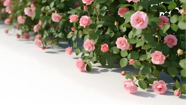 A row of blooming pink roses with green leaves casting shadows on a white surface - Powered by Adobe