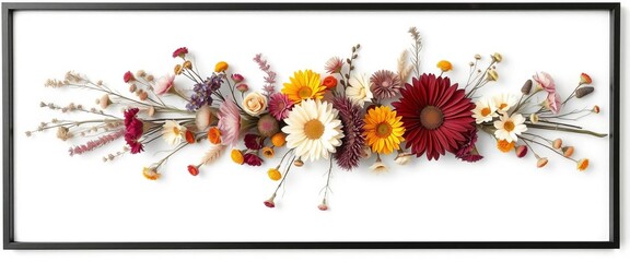 Fototapeta premium Elegant black frame isolates dried floral arrangement in white , mockup, art