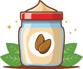 Jar of almond spread with nuts and green leaves. Perfect for food, organic, or vegan content. Generative AI