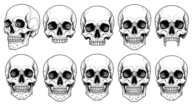 Ten skull illustrations in varying front and side views, depicted in black and white with detailed line work.