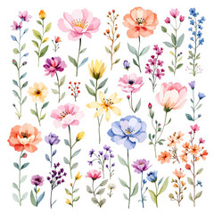 Colorful spring flowers, Set of watercolor flowers