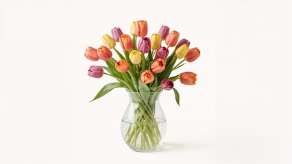 Fototapeta premium Brightly hued tulips placed in a transparent vase on a neutral background