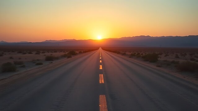 A desert road splits under a golden sunset, creating a striking contrast with warm hues.