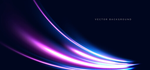 Abstract blue and pink beam curved ray on dark blue background. Speed motion moving concept.