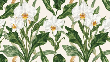 Illustration of exotic white orchid blossoms and rubber plant on a pale backdrop. Vintage style textile pattern design.