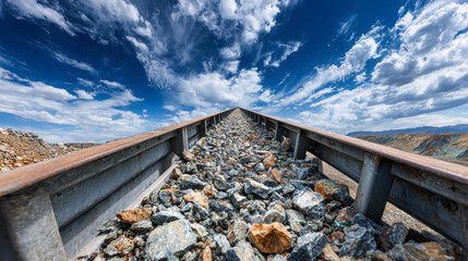 Steel conveyor belt transporting rocks from quarry to open-pit building under a bright blue sky
