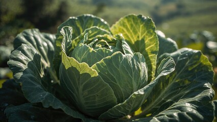 Fototapeta premium Close-up of fresh white cabbage thriving under strong sunlight in farmland