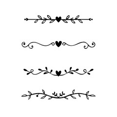 Gold text dividers doodle set. Wedding decorative elements. Divider ornament, borders, floral, vintage line separators. Hand drawn vector illustration isolated on white background. Set page dividers.	