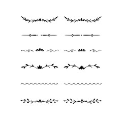 Gold text dividers doodle set. Wedding decorative elements. Divider ornament, borders, floral, vintage line separators. Hand drawn vector illustration isolated on white background. Set page dividers.	