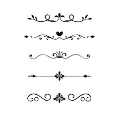 Obraz premium Gold text dividers doodle set. Wedding decorative elements. Divider ornament, borders, floral, vintage line separators. Hand drawn vector illustration isolated on white background. Set page dividers. 