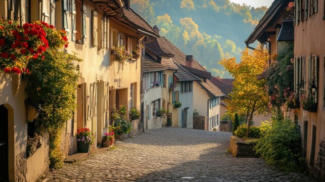 Charming Cobblestone Street in Eguisheim, France, with Colorful Flowers and Autumnal Trees