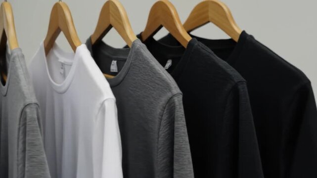 Smooth Camera Pan Across a Minimalist Collection of Neutral T-Shirts on Wooden Hangers