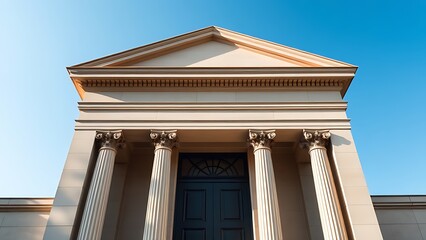 Elegant classical doorway with columns under a clear blue sky, radiating timeless architectural beauty.