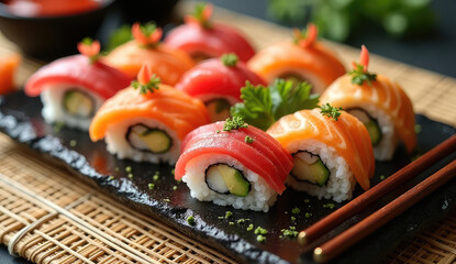 Delicious Variety of Sushi Rolls on Dark Plate