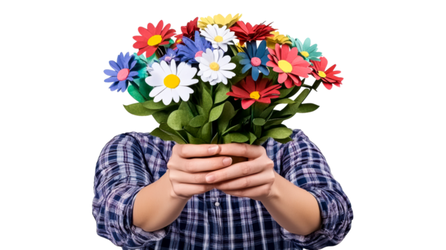Colorful paper flowers bouquet held by hands on transparent background