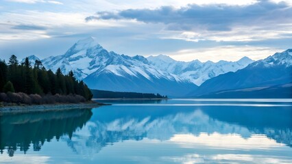 Tranquil Alpine Lake Reflecting Snow-Covered Mountains Under a Clear Blue Sky