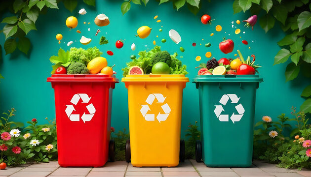 Three bins with fresh produce and flying food items against a green backdrop