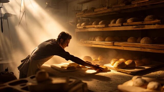 A baker carefully placing loaves of bread on a table in a warm bakery setting.