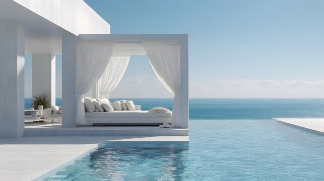 A white cabana with a bed overlooks a clear blue pool and ocean.