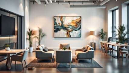 Minimalist coworking space with abstract art and clean modern design, bathed in soft ambient light.