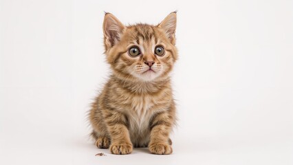 Fototapeta premium Small Abyssinian Cat Sitting and Gazing Upward on a Plain White Background, Positioned to Poop