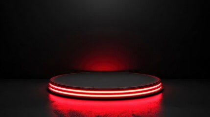Dark studio with red neon light circular platform.
