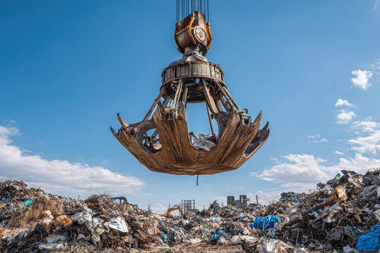 Large metal scrap grab in action at landfill under a brilliant blue sky, showcasing industrial processing