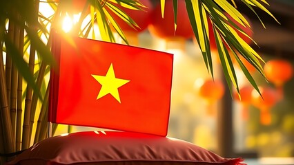 Vietnam National Day flag on silk cushion with bamboo leaves and lanterns