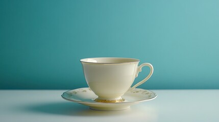 Cream-colored teacup and saucer on white surface against teal background
