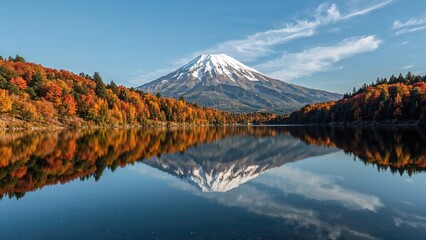 Colorful autumn scenery reflected on a calm lake surface