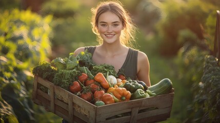 A young woman smiles while holding a wooden crate filled with fresh vegetables.