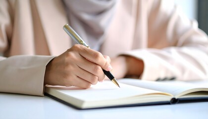Muslim woman writing in a notebook with a pen. Concept of business planning, journaling, productivity, education, and creativity in a modern setting.